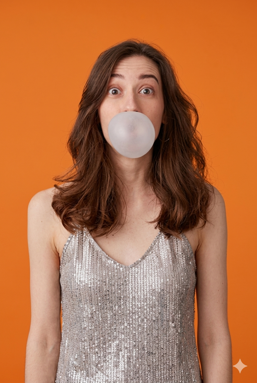 Person blowing a bubble with Nerva gum, bold orange backdrop.